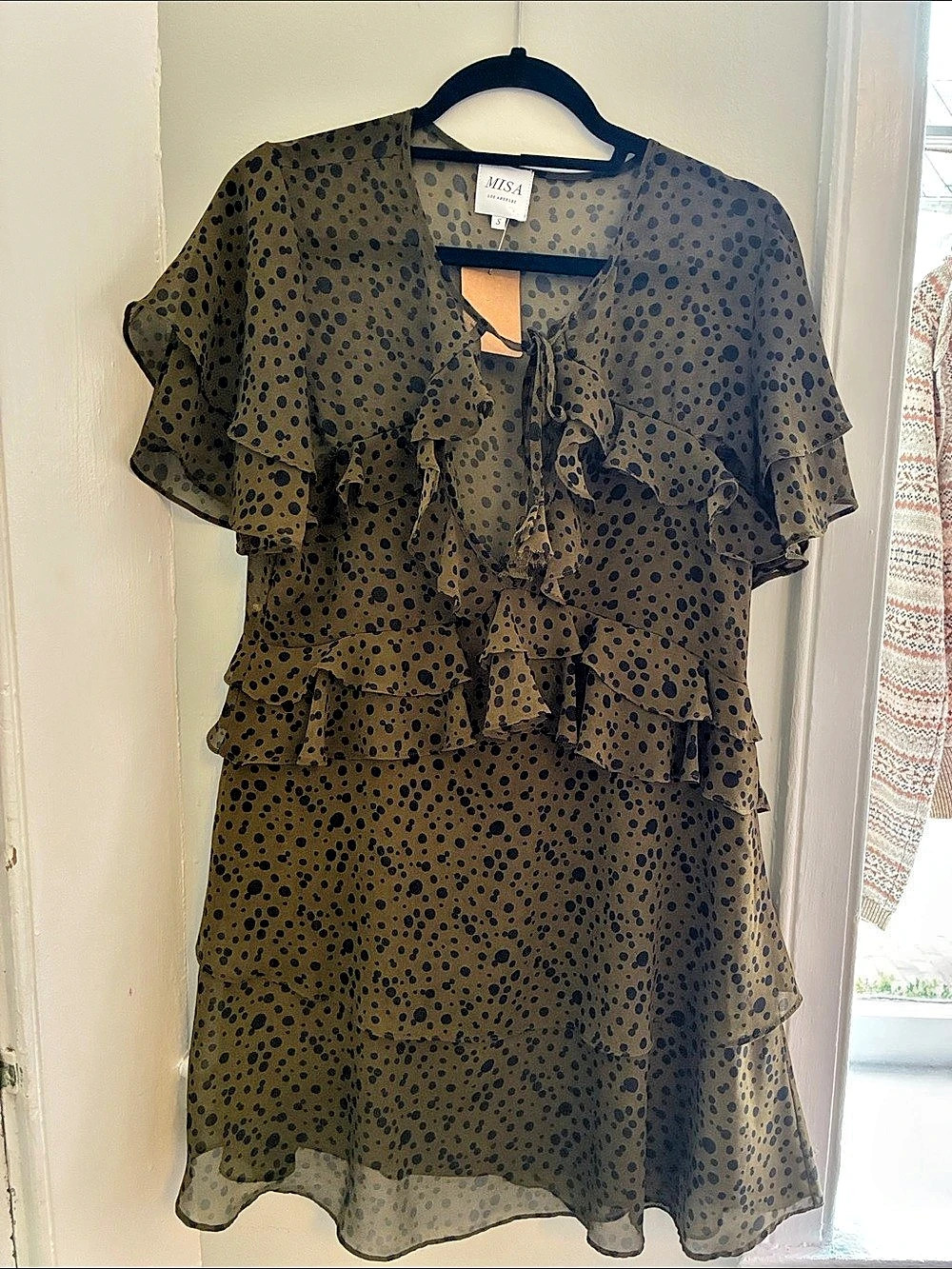 MISA Mini Ruffle Dress in Brown & Blue Size Small Like New